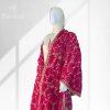 White Mannequin Wearing a Pink 9000 micro Velvet Shawl with Golden Leafy Embroidery all over the Shawl's Surface.